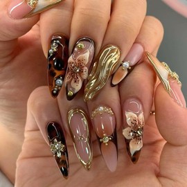 CharmeFleur 3D Handmade Sticker Brown Almond Nails with Stereo Flower Cross Designs, Medium Length, French Glue Nails, Shiny False Nails, Pack of 24