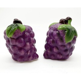Fruit Shaped Ceramic Salt & Pepper Shaker Set with Green Leaf Tray, Set of 2, Grape