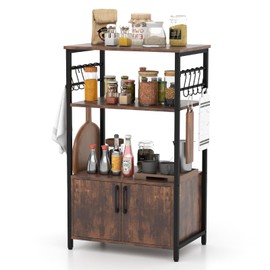 Giantex Kitchen Bakers Rack with Storage, 3-Tier Industrial Microwave Stand with Open Shelves and 10 Removable S-Shaped Hooks, Freestanding Cupboard Cabinet for Kitchen, Living Room, Bathroom