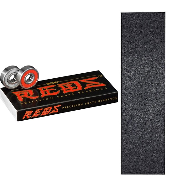 Bones Reds Precision Skate Bearings With Mob Skateboard Grip Tape Sheet Black 9" Bubble Free