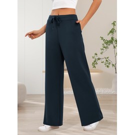 ZJCT Womens Sweatpants Wide Leg Loose Pants High Waisted Drawstring Casual Baggy Lounge Yoga Pants with Pockets Navy Blue L