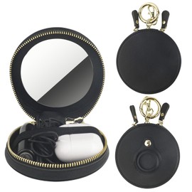 Bocasal Coin Pouch Mini Lipstick Cosmetic Bag with Airtag Holder Mirror, Leather Zipper Travel Makeup Bag Organizer Keychain Ring Clasp for Keys Earbuds Earphone Lip Gloss Chapstick Women Girl (Black)