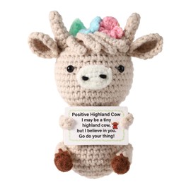 lasuroa Positive Highland Cow, Crochet Highland Cow Positive Support Cow Wool Thread Animals with Positive Messages Knitted Doll Toy for Encouragement Gifts Party Decoration(Off-White)