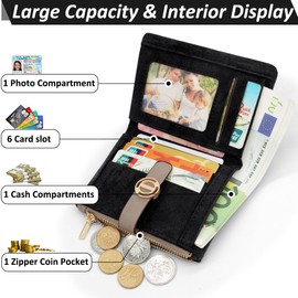 REETEE Women's Purse Small and Short Format Women's PU Leather Wallet with Multiple Compartments, Women's Purse with Zip Coin Compartment Small Wallet, black, Retro