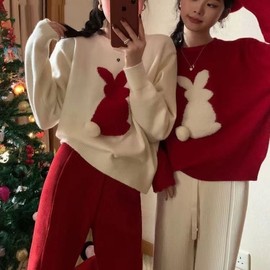 Cute Rabbit Jacquard Christmas Sweater for Women - Spring, Autumn, Winter New Arrival Free Size/Apricot-Free Size 2ea