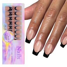 150 Pcs Black French Tip Press on Nails Medium Coffin Fake Nails 15 Size Black Acrylic Nail Tips Kit Fake Nails Full Cover False Nails Glossy Acrylic Glue on Nails 3 in 1 X-Coat Nail Tips for Women