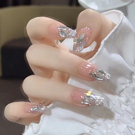 Hkanlre Rhinestones Press on Nails Nude Long Fake Nails Tips Full Cover Coffin False Nails for Women and Girls 24PCS