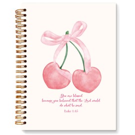 JXREQ Coquette Pink Cherry Bow Christian Notebook, Luke 1:45 Bible Journaling Notebook, Bible Notebooks for Note Taking, Church Notes Journal, Scripture Journal, Religious Journals for Women, 5.5x8.3