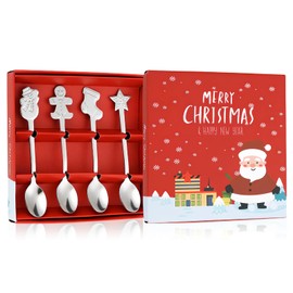 Lunaanda Christmas Spoon Set, 4 Pieces Christmas Coffee Spoons, Stainless Steel Teaspoon, Dessert Spoon, Mixing Spoon, Christmas Tableware Set with Gift Box for Christmas Decoration, Party and Kitchen
