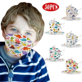 【50 unidades】Máscara desechable de seguridad tipo boca de pescado de 4 capas con diseño de patrón, cubrebocas desechables para niños, antivaho, a prueba de polvo, transpirable, cómoda para caras pequeñas (dinosaurio, mezclas C)