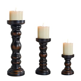 Wooden Candle Holders Set of 3 by Purenjoy- Tall Vintage Farmhouse Pillar Candle Holder Decor – Decorative Candlestick Holders for Table Centerpieces, Weddings, or Home Black