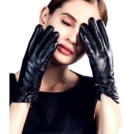 YISEVEN Women's Winter Sheepskin Touchscreen Genuine Leather Gloves Wool Lined Driving Dress Warm Fur Cuff Heated Thinsulate Lining Ladies Accessories Work New Year Gift, Black Medium/7.0"