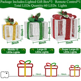 12 Modes & Timer & Color Changing - 3 Packs Light up Gift Boxes Christmas Decorations, 60 LED Lights Remote Hollow Yarn Glitter Present Box Battery Operated for Outdoor Home Yard Xmas Tree (7"-6"-5")