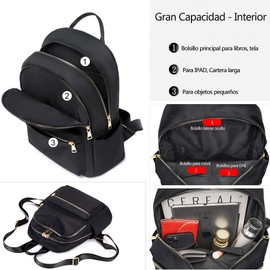 Mochilas Antirrobo Impermeable para Mujer, Bolsos Casual Dama, Bolso Moda para Mujer, Mochilas para Viaje y Colegio Informal, Convertible en Bandolera (Negro)