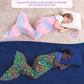 Kids Mermaid Tail Blanket, Soft Flannel Fleece Glow in The Dark Blanket, Child Toddler Mermaid Blanket with Glittering Stars Design, Little Mermaid Toys Gifts for Girls - 17" x 39"