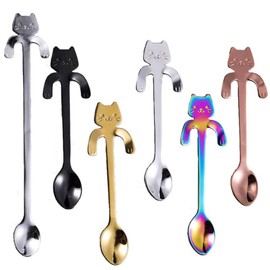 MINGZE 6 Pack Mini Cat Coffee Spoon, 5 Spoons + 1 Long Handle Spoon, Stainless Steel Hanging Cup Tea Spoons Design Stirring Spoon for Tea Dessert Drink Mixing Milkshake Tableware