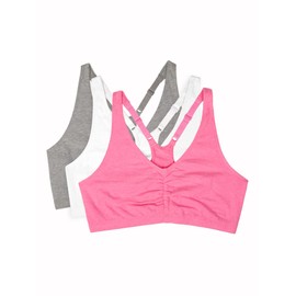 Fruit of the Loom Women's 3 Pack Shirred Front Sports Bra, Neon Pink Heather/White/Grey Heather, 36