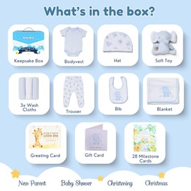 Hattie's Gifts Baby Boy Hamper - New Born Baby Gift Baby Essentials, Elephant Theme Clothing, Milestone Cards, Soft Toy - Baby Shower & Christening Gift for Boy in a Keepsake Box (0-3 Months)
