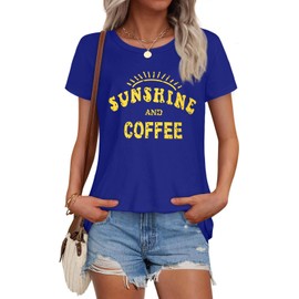 T Shirts for Women Summer Short Sleeve Crewneck Casual Cute Graphic Basic Tees Tops, Sunshine Print Blue, L