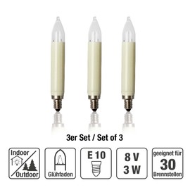 hellum Ersatz-Kerzen für Schwibbogen, 3 Stück 8V 3W Schaftkerze für Weihnachtsbaum Kerzen Lichterketten innen und außen mit 30 Brennstellen, Birnen für Lichterbogen E10/ 8V/ 3W/ 22 Lumen 901030