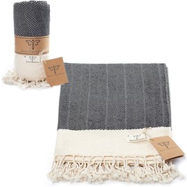 Smyrna Turkish 100% Cotton Herringbone Cuddly Blanket | Best Quality | Large 127 x 152 cm Cuddly Blanket | Made in Turkey | Machine Washable | Premium Luxury Bath Towel & Picnic Blanket - Latte