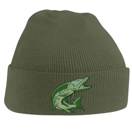 Bang Tidy Clothing Fishing Beanie Hat Knit Cap Beanies Embroidered Pike Fish Hats Gifts for Men Olive