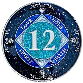 (Years 1-50) NA 12 Year Crystals and Glitter Medallion, Silver Color Plated Coin, Black Rainbow, Blue Glitter and Four Clear Crystals, Epoxy Covered (NA 12 Year Glitter & Crystals Medallion)