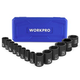 WORKPRO 1/2” Drive Shallow Impact Socket Set, SAE Cr-V Steel 6-Point Socket Set with Storage Case for Automotive Maintenance and Repairs (14PCS 3/8”-1-1/4")