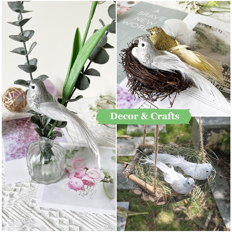 6pcs Silver Glitter Birds Decorations Christmas Tree Clip on Bird