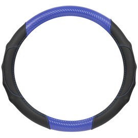 BDK GripDrive Carbon Fiber Steering Wheel Cover, Non-Slip Sporty Racing Faux Leather Ergonomic Comfortable Handle, Steering Wheel Cover for Cars Trucks Vans SUV - Fits Standard 15 Inch - Blue