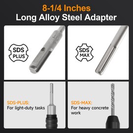 Fivelake SDS-Plus to SDS-Max Adapter, 8-1/4 Inches Long Alloy Steel Adapter for Rotary Hammers, SDS-Plus Shank, Black