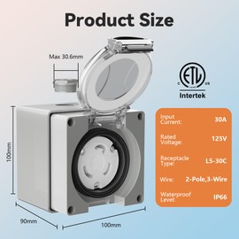 30 Amp Locking Female Generator Power Inlet Box, NEMA L5-30C Female for 3 Prong Generator Cord, Welding Machines, 125Volt, 3750 Watts, IP66 Outdoor Dustproof and Weatherproof, ETL Listed