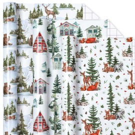 MAYPLUSS Christmas Gift Wrapping Paper Roll - 17" X 120" Per Roll - Vintage Christmas Cottage, Wild Deer & Happy Polar Bears Gift Wrap Trees Christmas Thick Holiday Craft Paper for Christmas, Winter