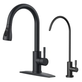 FORIOUS Kitchen Faucet and Water Filter Faucet Combo, Black Stainless Steel Bar Faucet Pull Down Sprayer and Drinking Purifier Faucet for Kitchen Sink RV Farmhouse Camper