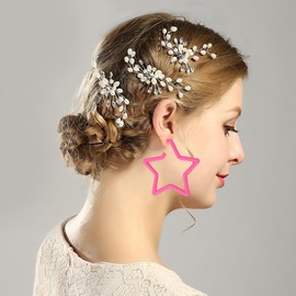 Just Follow Statement Hot Pink Geometric Beaded Drop Dangle Hoop Earrings for Women Boho Rose Petal Tassel Earrings (Pentagram Earring)