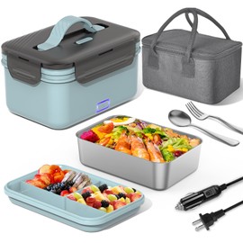 Vingud Electric Lunch Box Food Heater 100W, 4 in 1 Heating Lunch Box for Car/Truck/Man, Heated Lunch Boxes for Adults with 1.8L Stainless Steel Container, 12V 24V 110V 220V, Light Blue + Gray