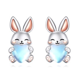 Rabbit Stud Earrings Sterling Silver Bunny Earrings Moonstone Stud Earrings Animal Jewelry Gifts for Women