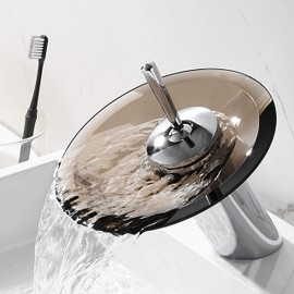 RODDEX Waterfall Bathroom Faucet Solid Brass Glass Single Handle Single Hole Basin Vanity Sink Bath Faucet, Short, Brown+Chrome