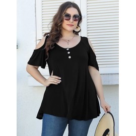 LARACE Cold Shoulder Tops for Women Plus Size V Neck T Shirts Short Sleeve Summer Clothes Tunics to Wear with Leggings (Black 3X)