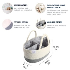 OrganiHaus Baby Organiser Basket - Storage Basket for Changing Table and Nursery - Gifts for Newborns & Baby, Storage Basket with Compartments & Handles - Grey / White