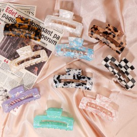 HAYHOI 10 Pcs Hair Claw Clips for Women, Opal Marble Tortoise Acrylic Large Claw Clip for Thick Thin Hair, Cute Butterfly Hair Barrettes Pins, Aesthetic Styling Accessories for Girls-Rectangle