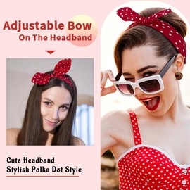 6Pcs Polka Dot Headbands for Women with Adjustable Bow Classic Rosie The Riveter Headband Wide Knotted Hairband for 1950s Pin Up Outfits Cute Polka Dot Hair Accessories for Daily Workouts
