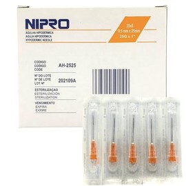 NIPRO Aguja Hipodérmica 25G x 25 mm (1”), Naranja, Estéril y Desechable, Ultra Thin Wall, Punta Tribiselada, Caja con 100 Piezas