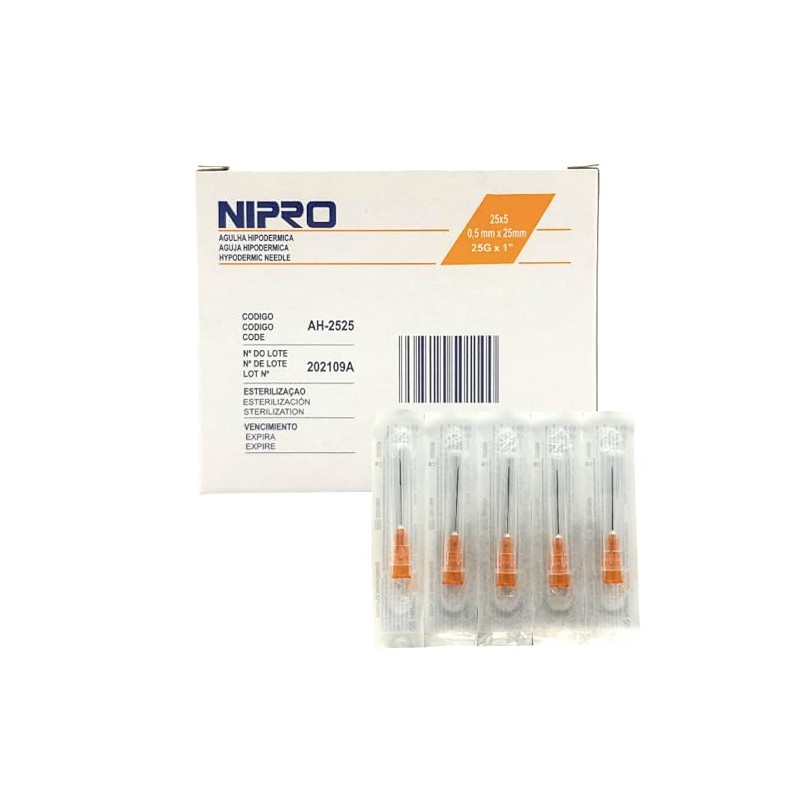 NIPRO Aguja Hipodérmica 25G x 25 mm (1”), Naranja, Estéril