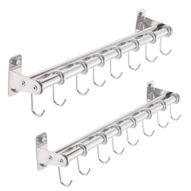 Dseap Pot Rack - Pots and Pans Hanging Rack Rail with 8 Hooks, Double Bars, Pot Hangers for Kitchen, Wall Mounted, Chromed, Pack of 2