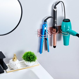 Blow Dryer Holder Wall Mounted Curling Iron Holder, 3 in 1 Hair Tool Organizer for Straightener, Curling Iron, Hair Dryer Holder Adhesive Flat Irons Storage for Bathroom Barber Shop (Rose Gold)