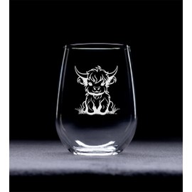 C M - Highland Cow Stemless Wine Glass - Highland Cow Themed Gift for Women and Men - 17 oz.