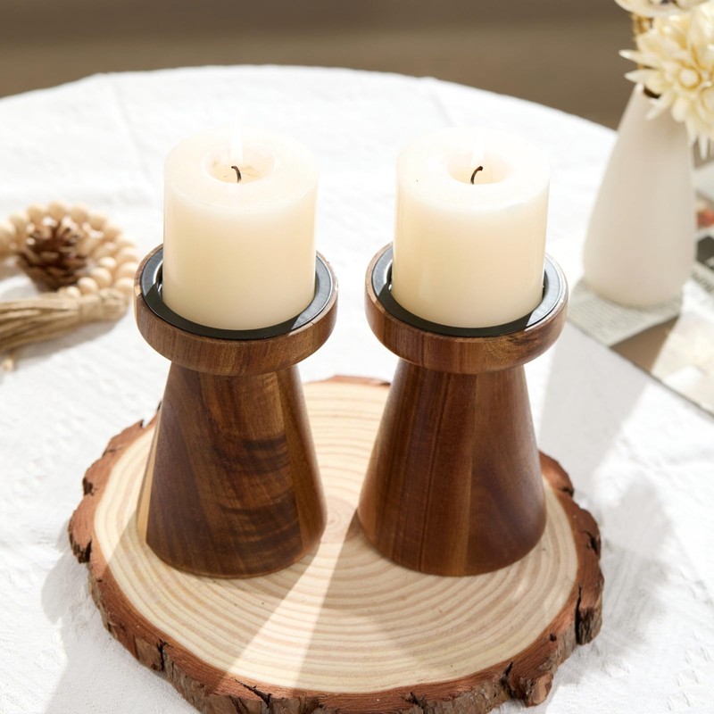 Rustic Acacia Wood Pillar Candle Holder