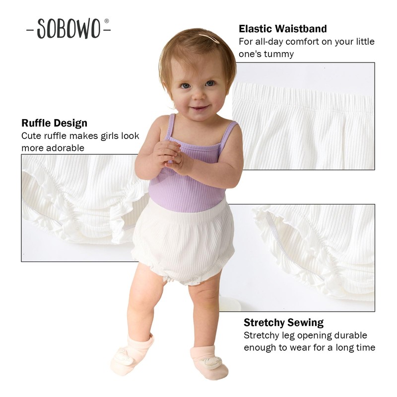 SOBOWO 3-Pack Bloomers for Baby Girls Diaper Covers Ribbed Ruffle