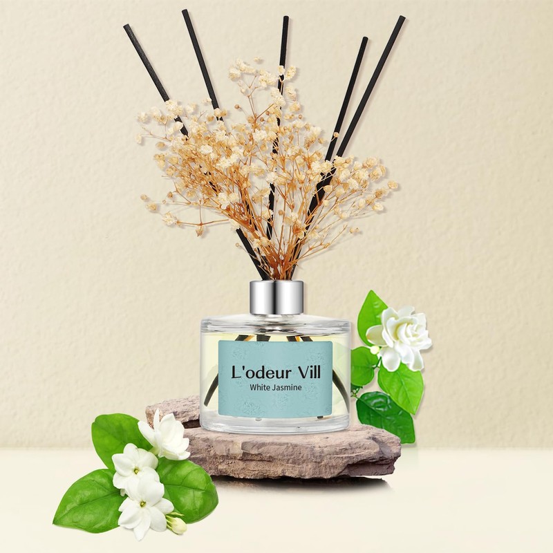 L'odeur Vill Reed Diffuser Set, 6.7 oz(200ml) White Jasmine Scented